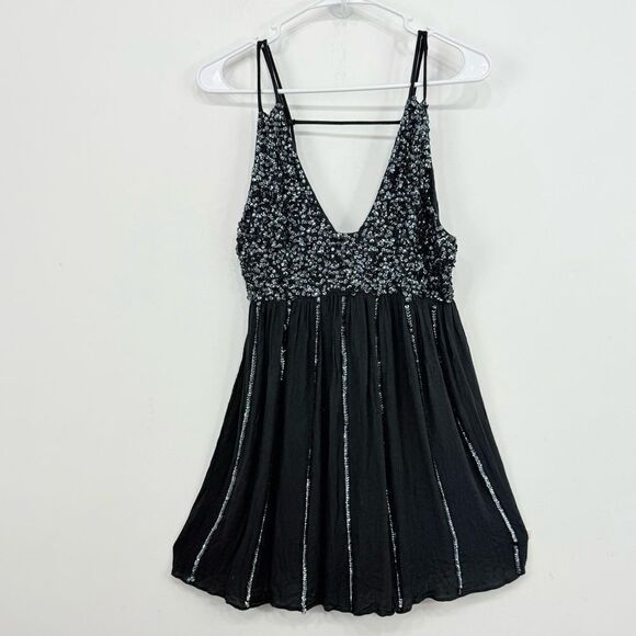 Intimately Free People Glitter Girl Gray Black Sequin Smock Back Mini Slip Dress - Picture 4 of 13